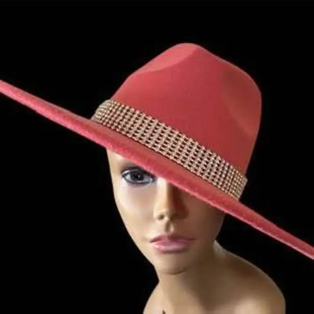 NEW Women’s Coachella Fedora Style Wide Brim Dark Rose W/Rhinestone Hat